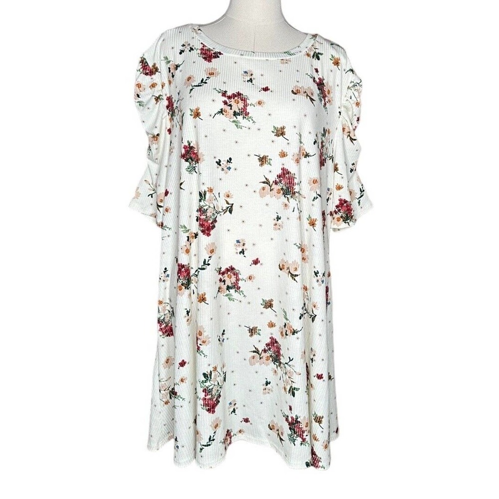 Womens Ven Style Plus Size Floral Print Ruched Sleeve Tunic Shirt Top Size 2X